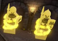 The Overlord's Golden Power being used to levitate statues