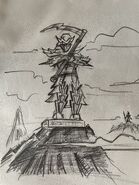 Concept art of a First Spinjitzu Master statue holding a scythe