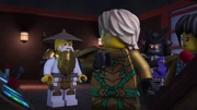 Wu showing the Dragon Armor to Lloyd, Garmadon, and Nya
