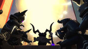 The ninja, Wu, and Garmadon performing the Tornado of Creation to defeat the Oni