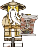 Temple Wu with a scroll open which says, "Be Ninja," and has pictures of the ninja in their Resistance suits