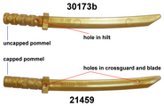 The difference between the old katana mold (top) used in Ninjago sets from The Pilot to Posession. And the new katana mold (bottom) used in Skybound to now. The katana mold used in the 2011 spinners and polybag sets is an older mold with an octagonal guard.