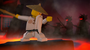 Master Wu using his own shadow to battle the shadows summoned by Lord Garmadon