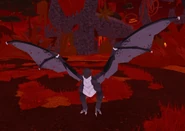 Kid stage version of Unaligned Guardian Dragon, under the influence of a Creatures of Sonaria's weather mechanic called Blood Moon, which turns a creature's eyes neon red.