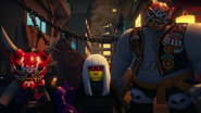 Killow wearing the Oni Mask of Deception with Harumi and Ultra Violet wearing the Oni Mask of Vengeance