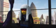 Harumi waits for the elevator, unaware that the Resistance is sneaking behind her