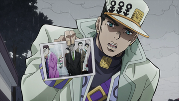 Jotaro kujo at 50 with long white hair, hat and jacket