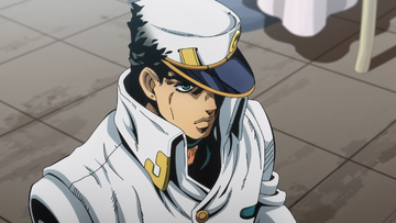 Jotaro kujo at 50 with long white hair, hat and jacket