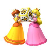 Peach and Daisy holding a Dice Block from Mario Party 9