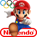 Mario jumping over Nintendo logo as if it were a hurdle.