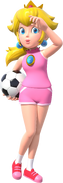 Princess Peach in her athletic wear wearing a soccer ball.