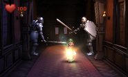 Luigi being attacked by knight armors.