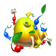 A Wollywog being attacked by Pikmin.