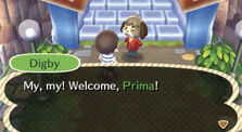 Digby welcoming a player into the Happy Home Showcase