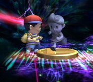 Ness next to Lucas's trophy in The Subspace Emissary's Great Maze. Note the size and darker color.