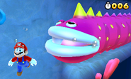 Mario running from a purple eel