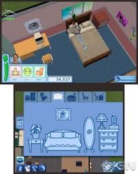 A very early screen shot of the Sims 3 for the 3DS. Note: the mood bar on the top screen, Kharma being a Yin/Yang sign instead of a wand, the "Walls down" icon next to "live mode", the lack of a "Household inventry", and the option to buy a landline phone.