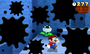 A Hatless Mario fighting a Black Piranha Plant.