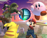 Kirby fighting for the Smash Ball along with Mario, Link, and Pikachu.