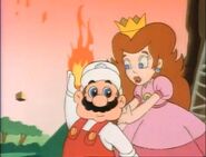 Fire Mario protecting the Princess in the Super Mario World cartoon.