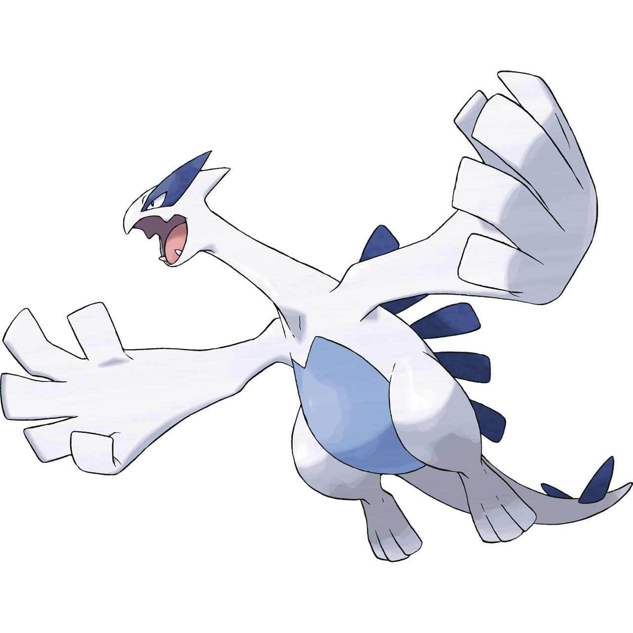 101443 - safe, artist:uraraa6, fictional species, legendary pokémon, lugia,  feral, nintendo, pokémon, 2021, ambiguous gender, black eyes, cloud,  flying, ocean, open mouth, sky, solo, solo ambiguous, tail, water, white  body, white tail