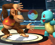 Squirtle in a face-off against Diddy Kong in Pokémon Stadium 2 in Super Smash Bros. Brawl