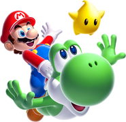 Mario, Yoshi, and Luma flying