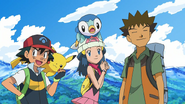 Ash and Brock with Dawn and her Piplup