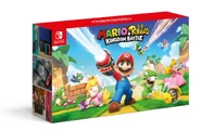Diseño de la caja del Nintendo Switch con los Joy-Con azul y rojo que incluye Mario + Rabbids Kingdom Battle, distribuido exclusivamente por Active Boeki