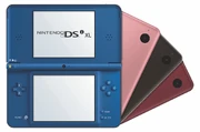 The Nintendo DSi XL in blue, red, and brown.