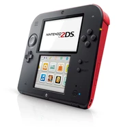 The red version of the 2DS, as seen from the side.