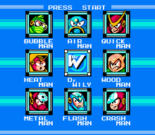 Stage select screen for Mega Man 2, with all eight Robot Masters