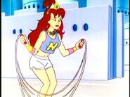 Lana in her sport outfit and doing jump rope.