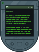 Nastidous's PDA tablet, with information for level five. Also note also the cameo of Cuboy at the top left corner.