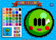 The interface of Balloon Maker, including the colour palette, the balloon canvas and the several buttons, including changing the driver and the face template.