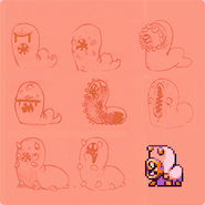 The sandworm's final sprite (bottom right) among much concept art for the enemy