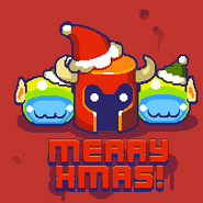 Two slimes dressed as elves and Rust Bucket wearing a santa hat in the December 25th, 2015 Friday update