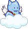 Riding a cloud. When he's in one, it gets light blue.