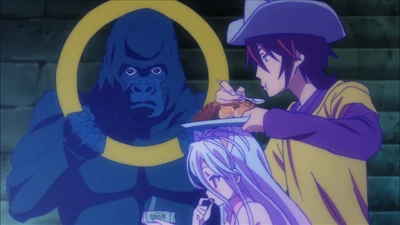 Sora and Shiro playing Materialization Shitori with a Blue Gorilla in the background