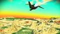 A starship flying across the surface