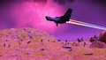 A starship flying over the planet
