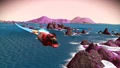 A starship flying across the surface