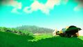 Caoimhe, a lush planet with green meadows and a blue sky.