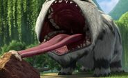 Close-up of the creature's dentition and sticky tongue.