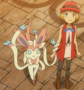 A Sylveon wrapping her feelers around her trainer's arm.