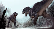 Two V-rexes, as they are preparing to fight.