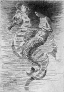 A presumably very small Mermaid riding a seahorse.