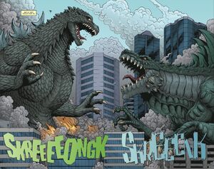 Godzilla and Zilla battle each other.