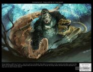 The art description of Kong fighting the V-rexes.
