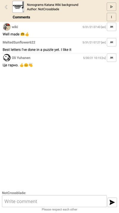 Comment section of a nonogram.